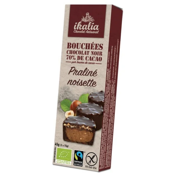 Bouchées praliné noisette enrobées de chocolat noir à 70% cacao 3x15g