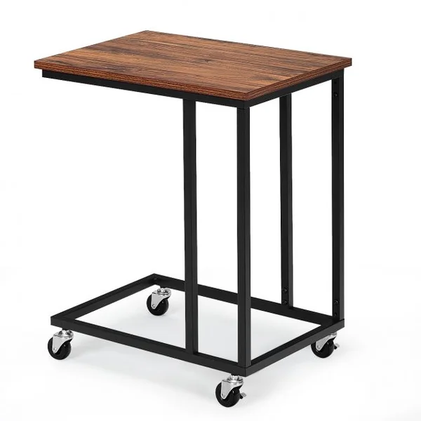 Bout de Canapé Style Industrielle avec 4 Roues Table d'Appoint Mobile en Forme de C Cadre en Métal