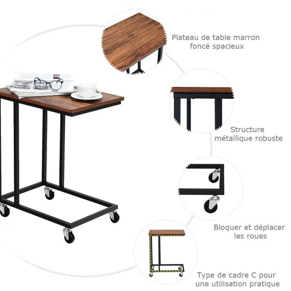 Bout de Canapé Style Industrielle avec 4 Roues Table d'Appoint Mobile en Forme de C Cadre en Métal