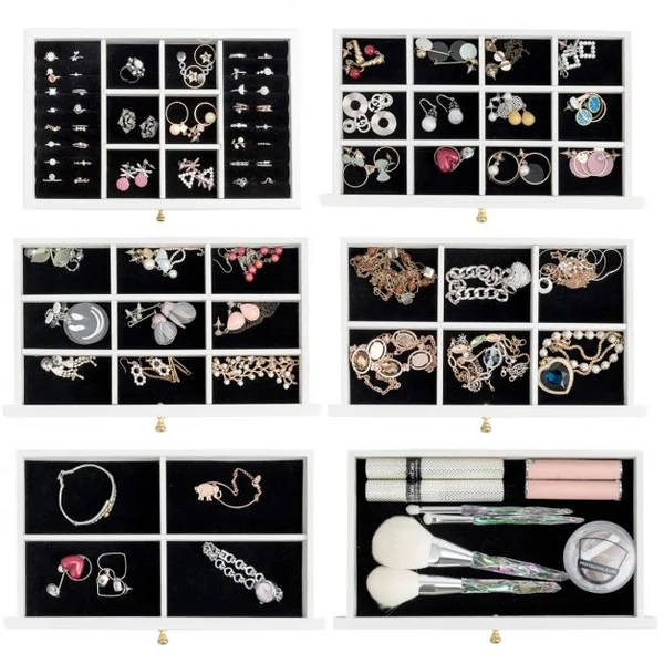 Boîte à Bijoux avec Miroir et 5 Tiroirs Grand Coffret à Bijoux à 6 Étages en Bois de Pin 30x19x25cm Blanc
