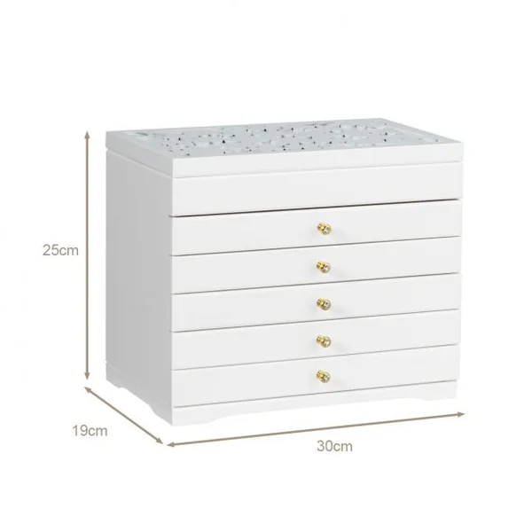 Boîte à Bijoux avec Miroir et 5 Tiroirs Grand Coffret à Bijoux à 6 Étages en Bois de Pin 30x19x25cm Blanc