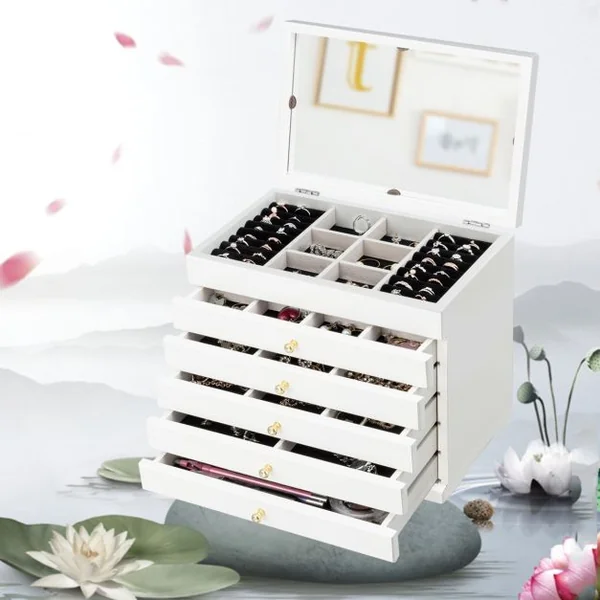 Boîte à Bijoux avec Miroir et 5 Tiroirs Grand Coffret à Bijoux à 6 Étages en Bois de Pin 30x19x25cm Blanc