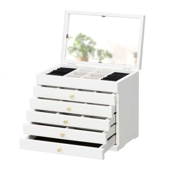 Boîte à Bijoux avec Miroir et 5 Tiroirs Grand Coffret à Bijoux à 6 Étages en Bois de Pin 30x19x25cm Blanc