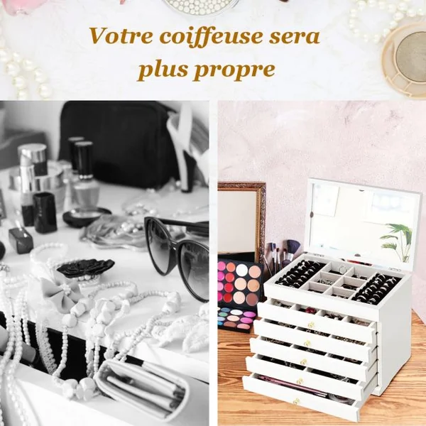 Boîte à Bijoux avec Miroir et 5 Tiroirs Grand Coffret à Bijoux à 6 Étages en Bois de Pin 30x19x25cm Blanc