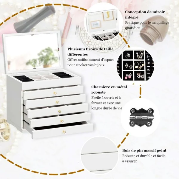 Boîte à Bijoux avec Miroir et 5 Tiroirs Grand Coffret à Bijoux à 6 Étages en Bois de Pin 30x19x25cm Blanc