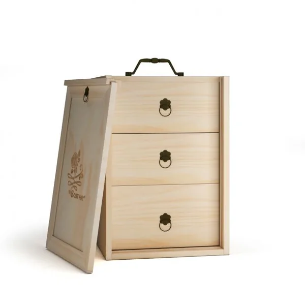 Boîte à Huile Essentielle en Bois de Pin pour 75 Flacons avec 3 Tiroirs Compartimentés Poignée en Métal 20,5x23x29,5cm