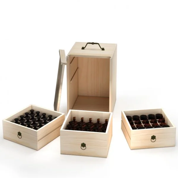 Boîte à Huile Essentielle en Bois de Pin pour 75 Flacons avec 3 Tiroirs Compartimentés Poignée en Métal 20,5x23x29,5cm