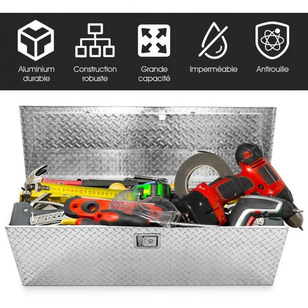 Boîte à Outils Rangement à Outils Verrouillable avec 2 Clés 2 Poignées en Métal en Aluminium 123x38x38cm Argenté