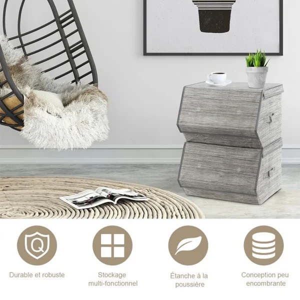 Boîtes de Rangement 4pcs Pliables et Empilables avec Couvercles et Poignées Latérales Capacité 33,25 L38x35x25cm Gris