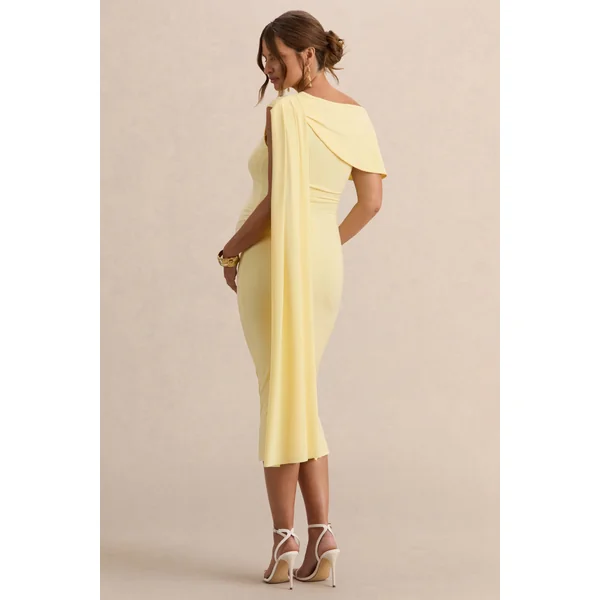 Braelyn | Robe de maternité mi-longue citron à encolure asymétrique avec détails froncés et détail ceinture