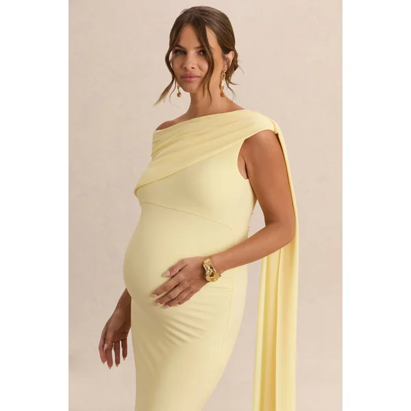 Braelyn | Robe de maternité mi-longue citron à encolure asymétrique avec détails froncés et détail ceinture