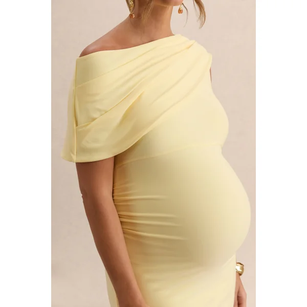 Braelyn | Robe de maternité mi-longue citron à encolure asymétrique avec détails froncés et détail ceinture