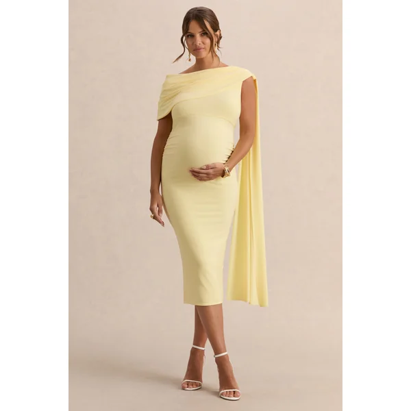 Braelyn | Robe de maternité mi-longue citron à encolure asymétrique avec détails froncés et détail ceinture