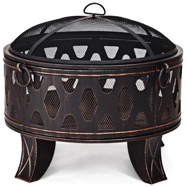 Brasero extérieur Brasero en acier avec grille pare-étincelles Bol pour Jardin Terrasse, 65 x 65 x 57 cm, Or et Noir
