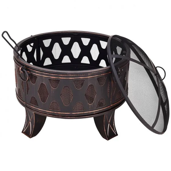Brasero extérieur Brasero en acier avec grille pare-étincelles Bol pour Jardin Terrasse, 65 x 65 x 57 cm, Or et Noir