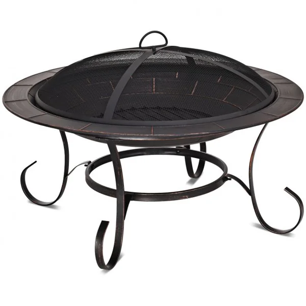 Brasero extérieur Brasero en fer avec grille couvercle tisonnier pour Jardin Terrasse, 76 x 76 x 52 cm, Noir