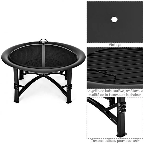 Brasero extérieur Brasero en fer avec grille pare-étincelles pour Jardin Terrasse, 76 x 76 x 52 cm, Noir