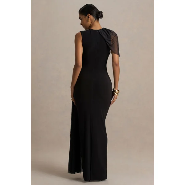 Brenda | Robe longue en maille noire avec manche cape et ceinture