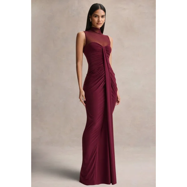 Brialle | Robe longue bordeaux à col montant avec mesh et détails froncés