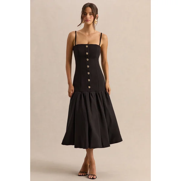 Briella | Robe mi-longue noire à encolure bandeau avec détails de boutons dorés
