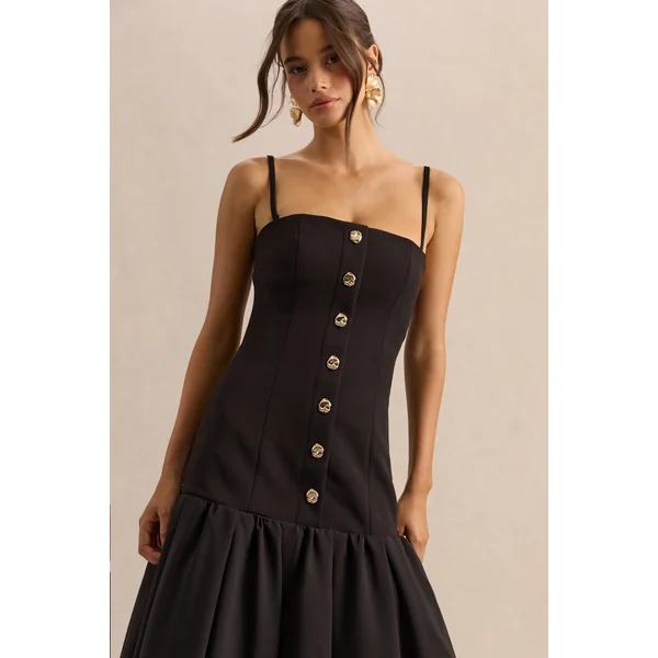 Briella | Robe mi-longue noire à encolure bandeau avec détails de boutons dorés