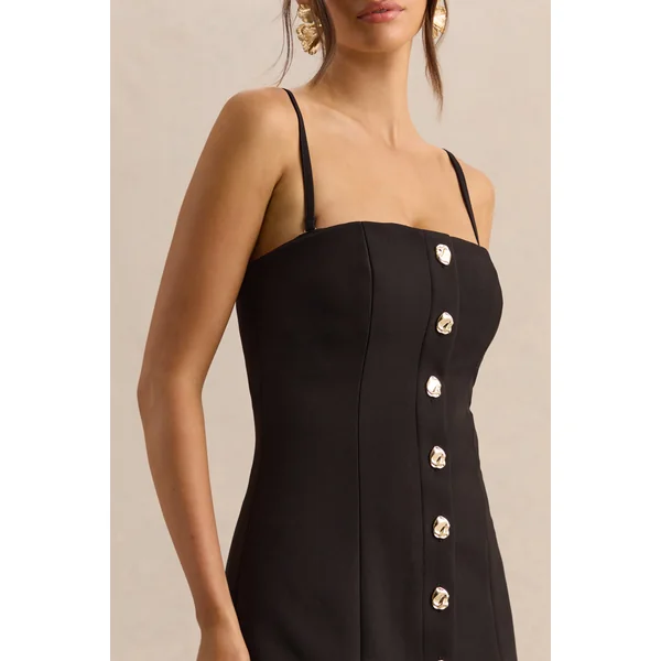 Briella | Robe mi-longue noire à encolure bandeau avec détails de boutons dorés