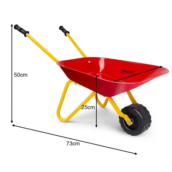 Brouette en métal pour enfants avec roue, Poignée en plastique, Cadre en acier, 73 x 35 x 25 cm, Jaune+Rouge