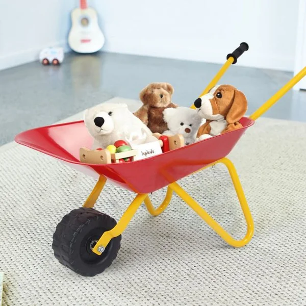 Brouette en métal pour enfants avec roue, Poignée en plastique, Cadre en acier, 73 x 35 x 25 cm, Jaune+Rouge