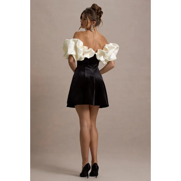 Brynne | Mini-robe en velours noir et crème avec manches bouffantes en satin
