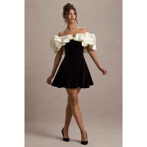 Brynne | Mini-robe en velours noir et crème avec manches bouffantes en satin
