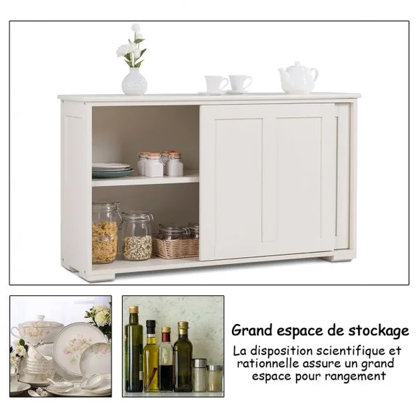 Buffet de Cuisine Armoire Basse de Salle à Manger 2 Etagères 2 Portes Coulissantes en MDF, 106,5x33x62cm, Blanc