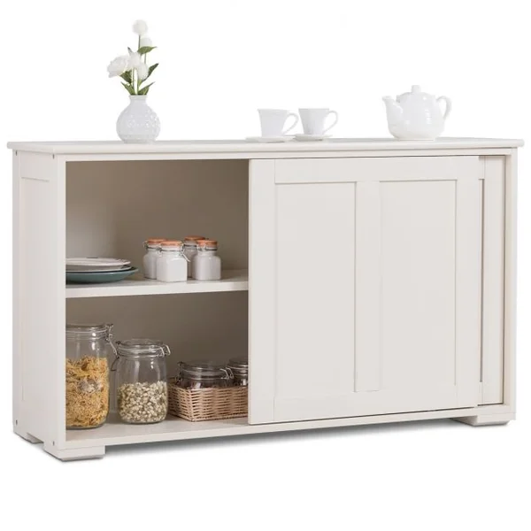 Buffet de Cuisine Armoire Basse de Salle à Manger 2 Etagères 2 Portes Coulissantes en MDF, 106,5x33x62cm, Blanc