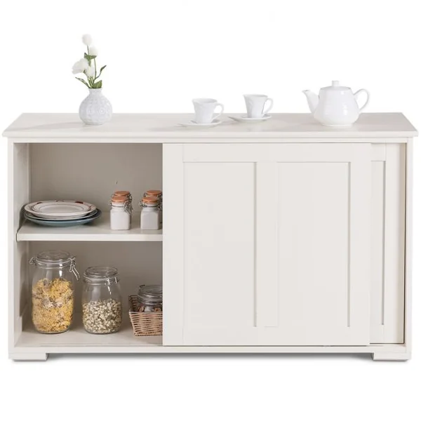 Buffet de Cuisine Armoire Basse de Salle à Manger 2 Etagères 2 Portes Coulissantes en MDF, 106,5x33x62cm, Blanc