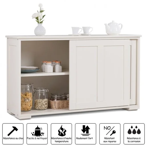 Buffet de Cuisine Armoire Basse de Salle à Manger 2 Etagères 2 Portes Coulissantes en MDF, 106,5x33x62cm, Blanc
