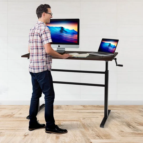 Bureau Assis Debout Réglable en Hauteur 75-113CM avec Manivelle Pliable Cadre en Acier