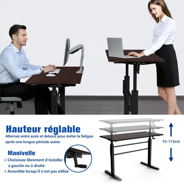 Bureau Assis Debout Réglable en Hauteur 75-113CM avec Manivelle Pliable Cadre en Acier