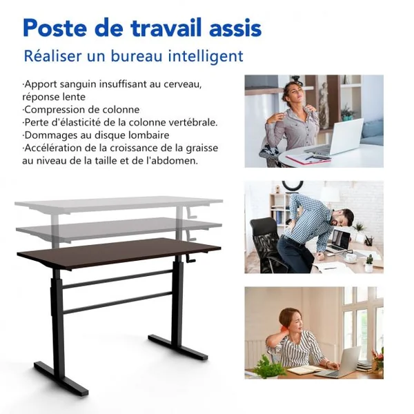 Bureau Assis Debout Réglable en Hauteur 75-113CM avec Manivelle Pliable Cadre en Acier