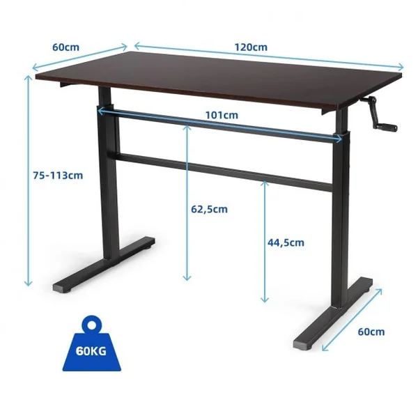 Bureau Assis Debout Réglable en Hauteur 75-113CM avec Manivelle Pliable Cadre en Acier
