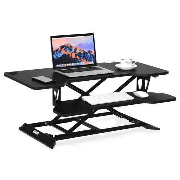 Bureau Assis Debout à Hauteur Réglable 13,5-52cm Large Elévateur Plateau de Clavier Noir