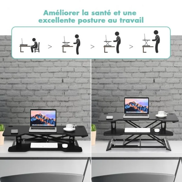 Bureau Assis Debout à Hauteur Réglable 13,5-52cm Large Elévateur Plateau de Clavier Noir