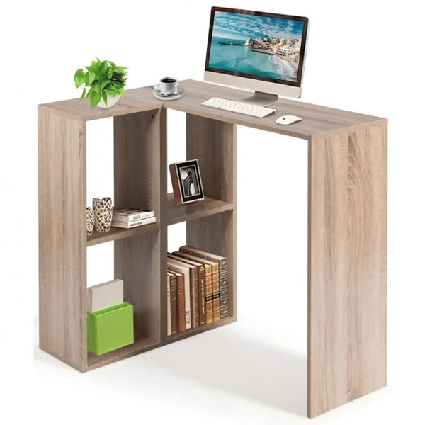 Bureau D'angle Compact Bureau Informatique avec 4 Cases de Rangement Ouvert Capacité 80kg en Mdf 90x60x75cm Naturel