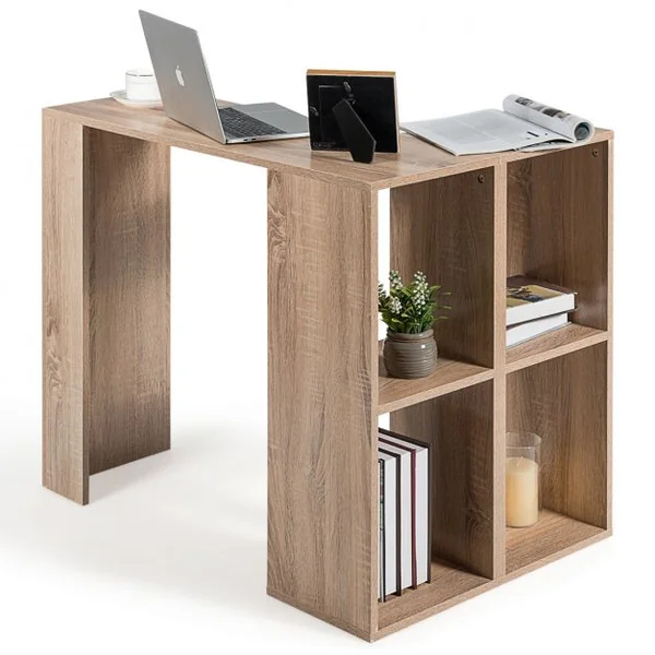 Bureau D'angle Compact Bureau Informatique avec 4 Cases de Rangement Ouvert Capacité 80kg en Mdf 90x60x75cm Naturel