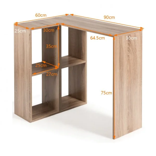 Bureau D'angle Compact Bureau Informatique avec 4 Cases de Rangement Ouvert Capacité 80kg en Mdf 90x60x75cm Naturel