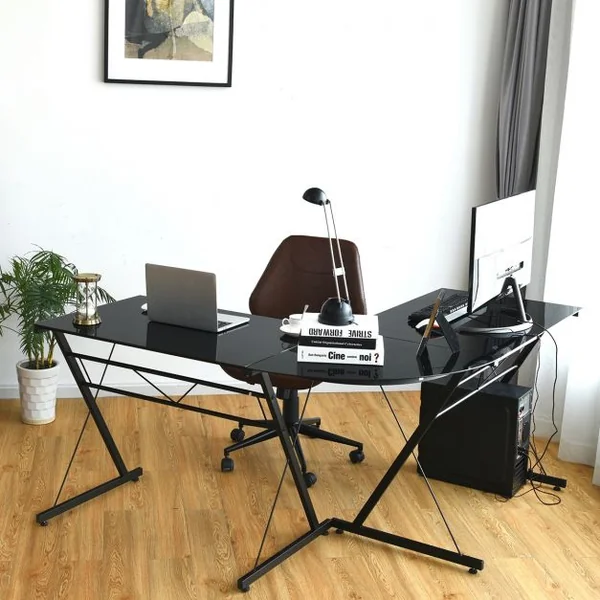 Bureau D'angle Contemporain Bureau Informatique Détachable en 2 Bureau en Verre Trempé et Fer 150x60x76cm Noir