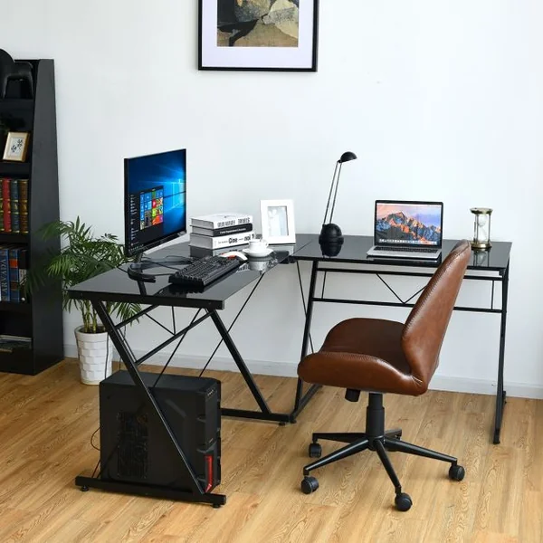 Bureau D'angle Contemporain Bureau Informatique Détachable en 2 Bureau en Verre Trempé et Fer 150x60x76cm Noir