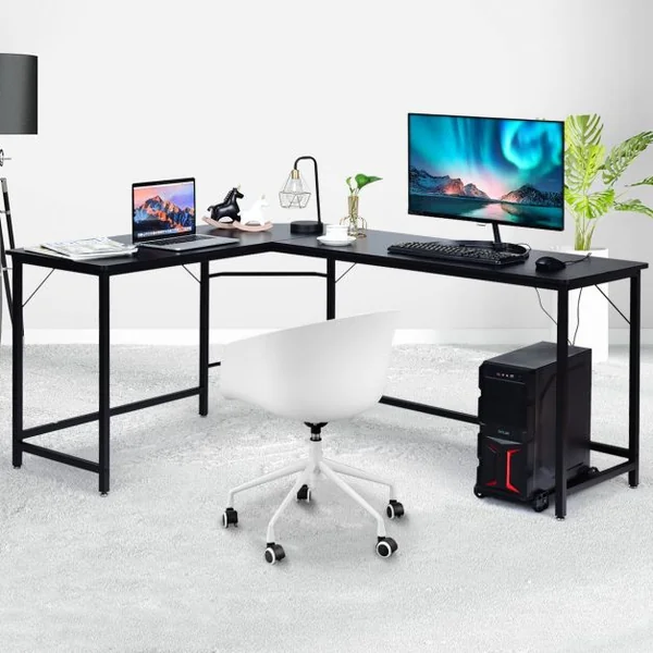 Bureau D'angle Grand Bureau en Forme de L Supporte D’unité Centrale en Bois et Métal 168x125x74cm Couleur de Bois/Noir/Marron