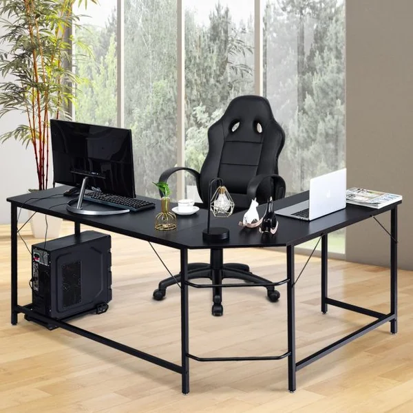 Bureau D'angle Grand Bureau en Forme de L Supporte D’unité Centrale en Bois et Métal 168x125x74cm Couleur de Bois/Noir/Marron