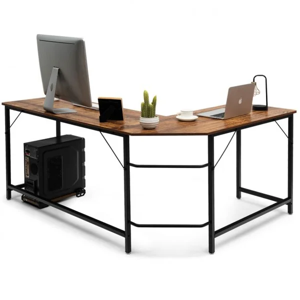 Bureau D'angle Grand Bureau en Forme de L Supporte D’unité Centrale en Bois et Métal 168x125x74cm Couleur de Bois/Noir/Marron