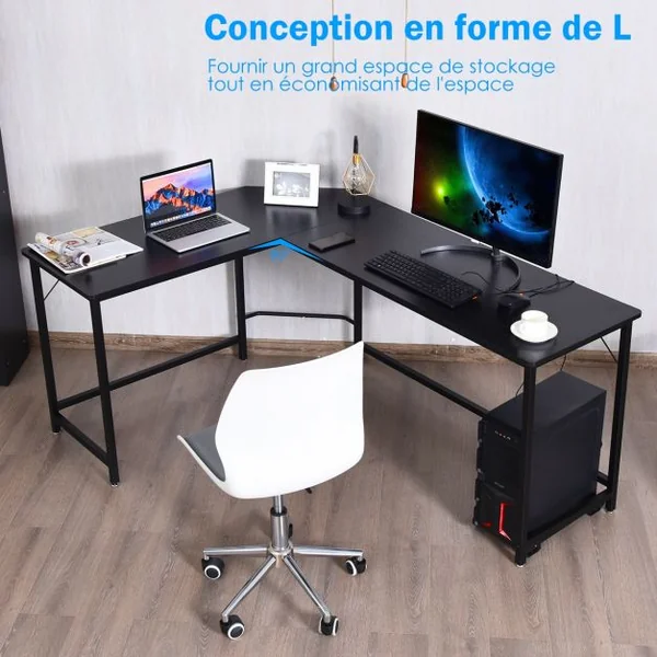 Bureau D'angle Grand Bureau en Forme de L Supporte D’unité Centrale en Bois et Métal 168x125x74cm Couleur de Bois/Noir/Marron