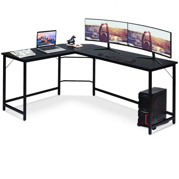 Bureau D'angle Grand Bureau en Forme de L Supporte D’unité Centrale en Bois et Métal 168x125x74cm Couleur de Bois/Noir/Marron